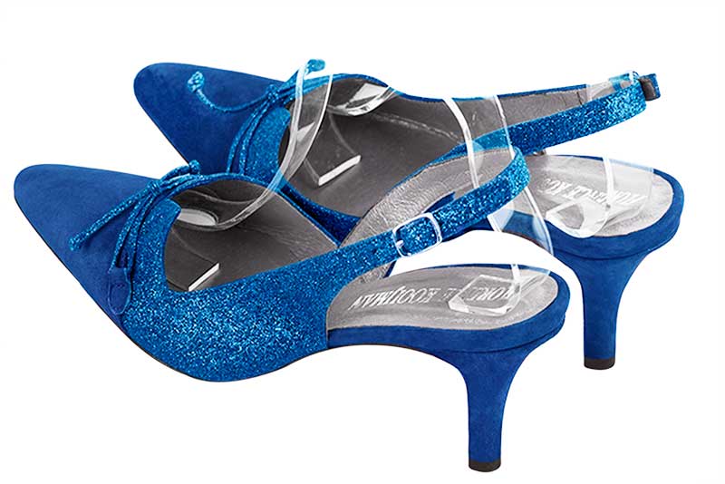 Electric blue women's open back shoes, with a knot. Tapered toe. Medium slim heel. Rear view - Florence KOOIJMAN